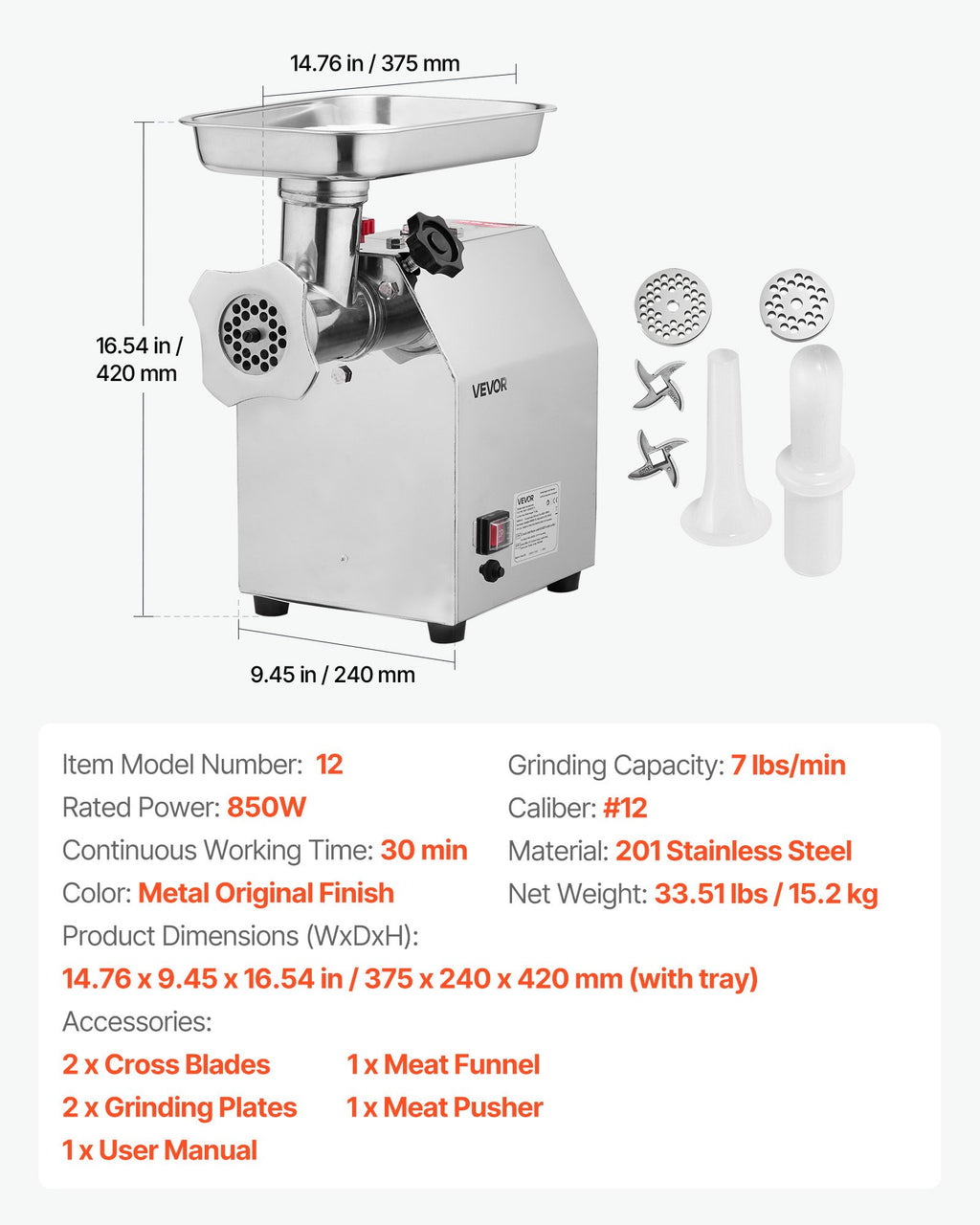 Commercial Electric Meat Grinder, 3.2 kg/min Capacity, #12 Industrial