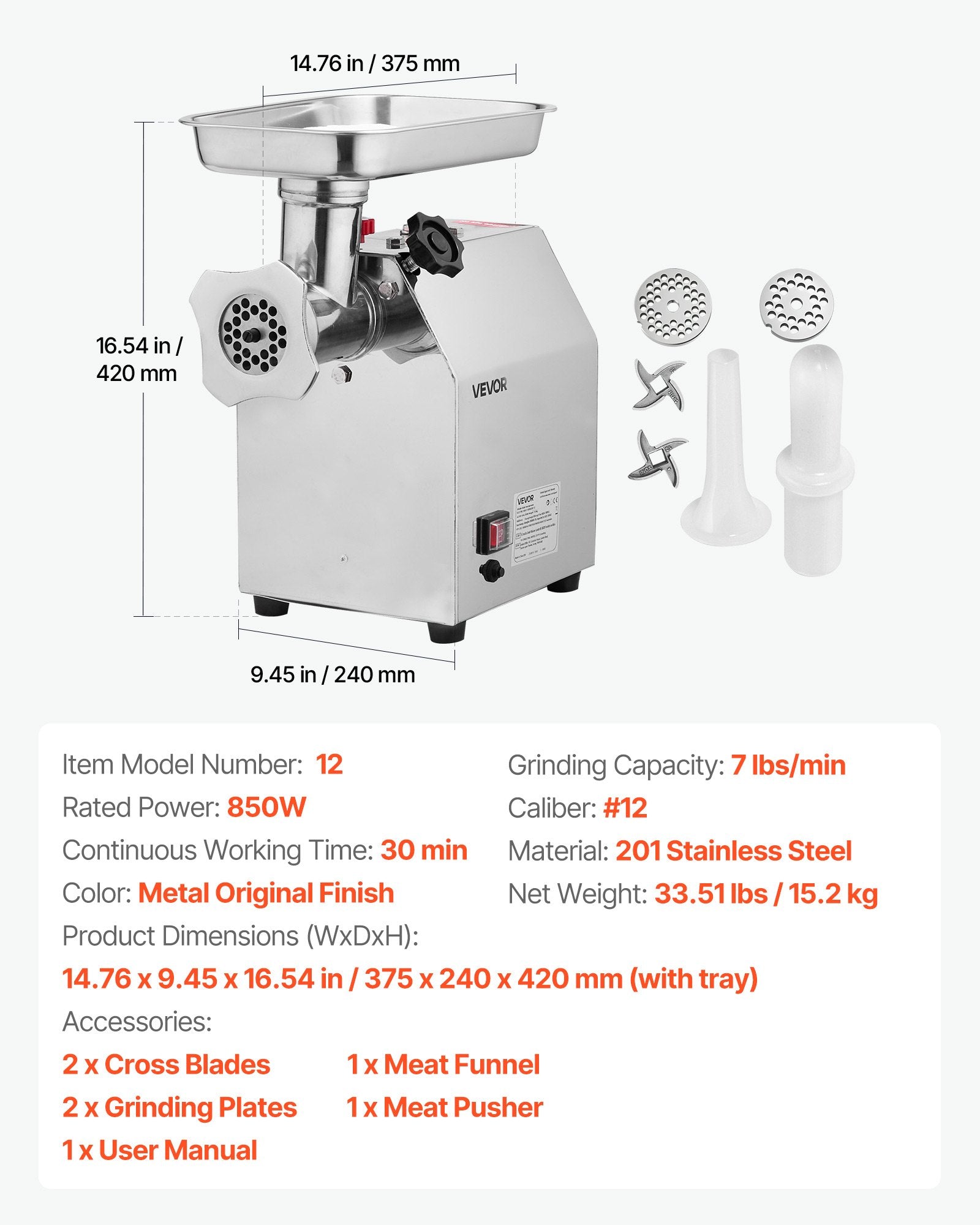 Commercial Electric Meat Grinder, 3.2 kg/min Capacity, #12 Industrial