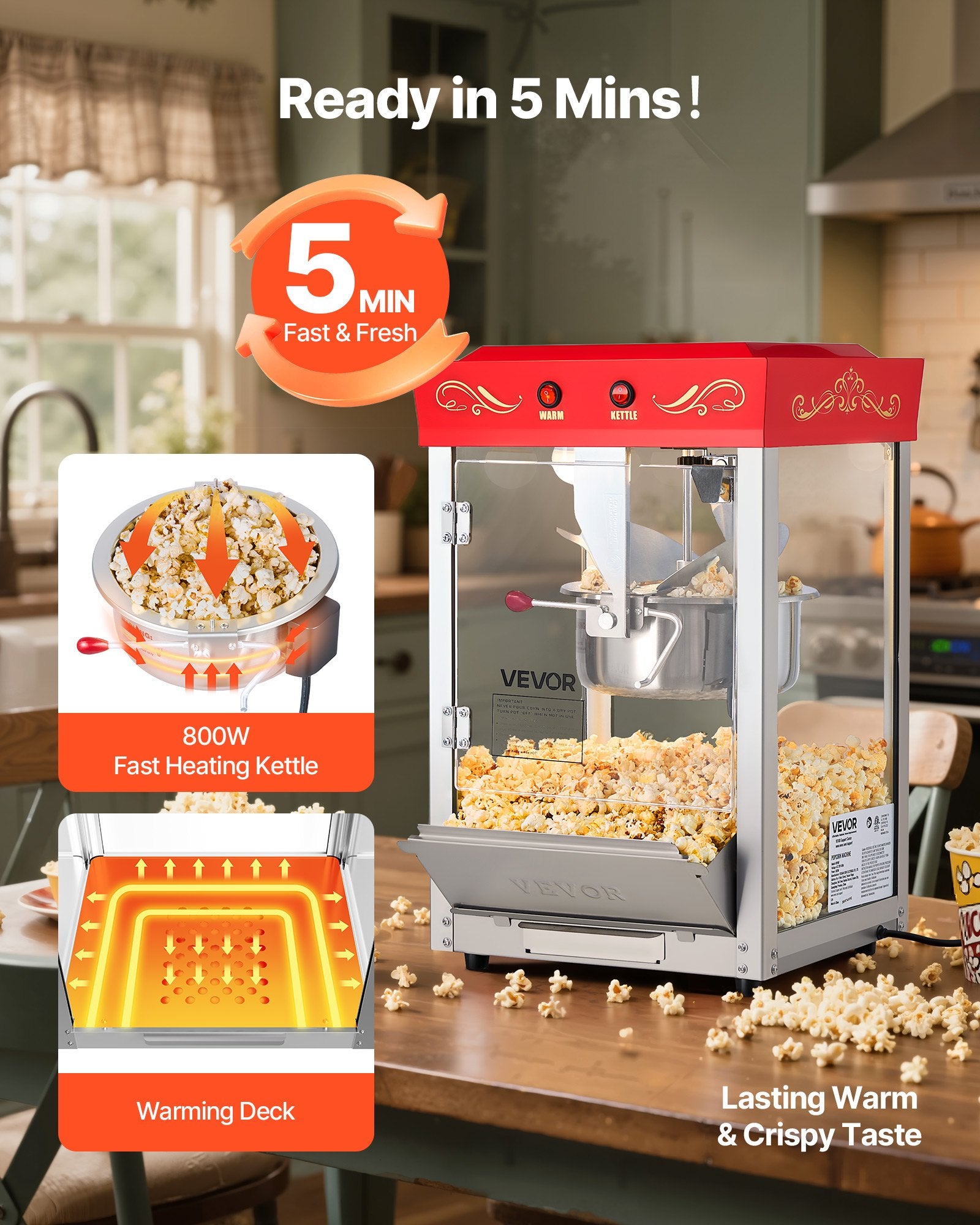 Popcorn Machine, 0.2kg Stainless Steel Kettle, 800W Commercial