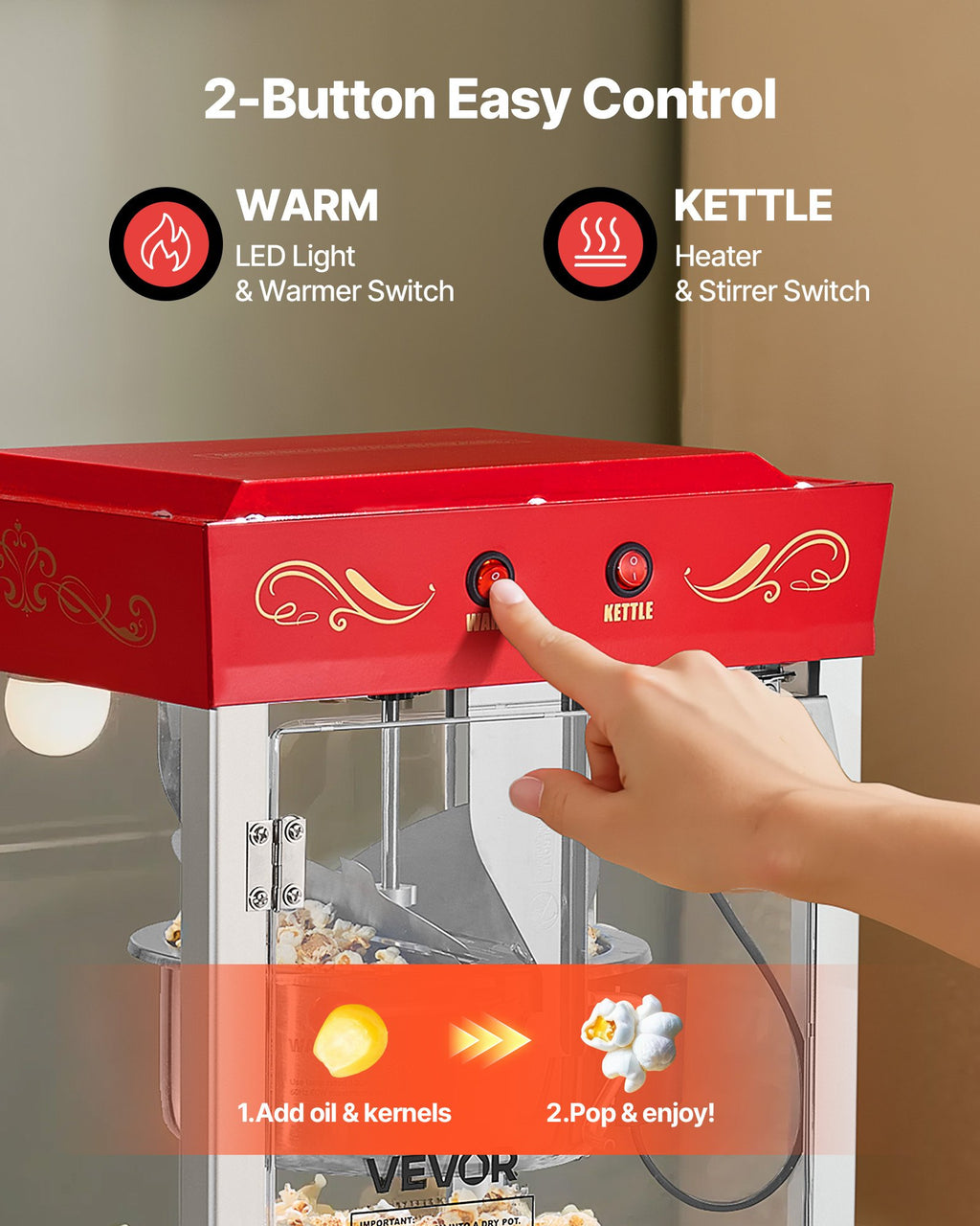 Popcorn Machine, 0.2kg Stainless Steel Kettle, 800W Commercial
