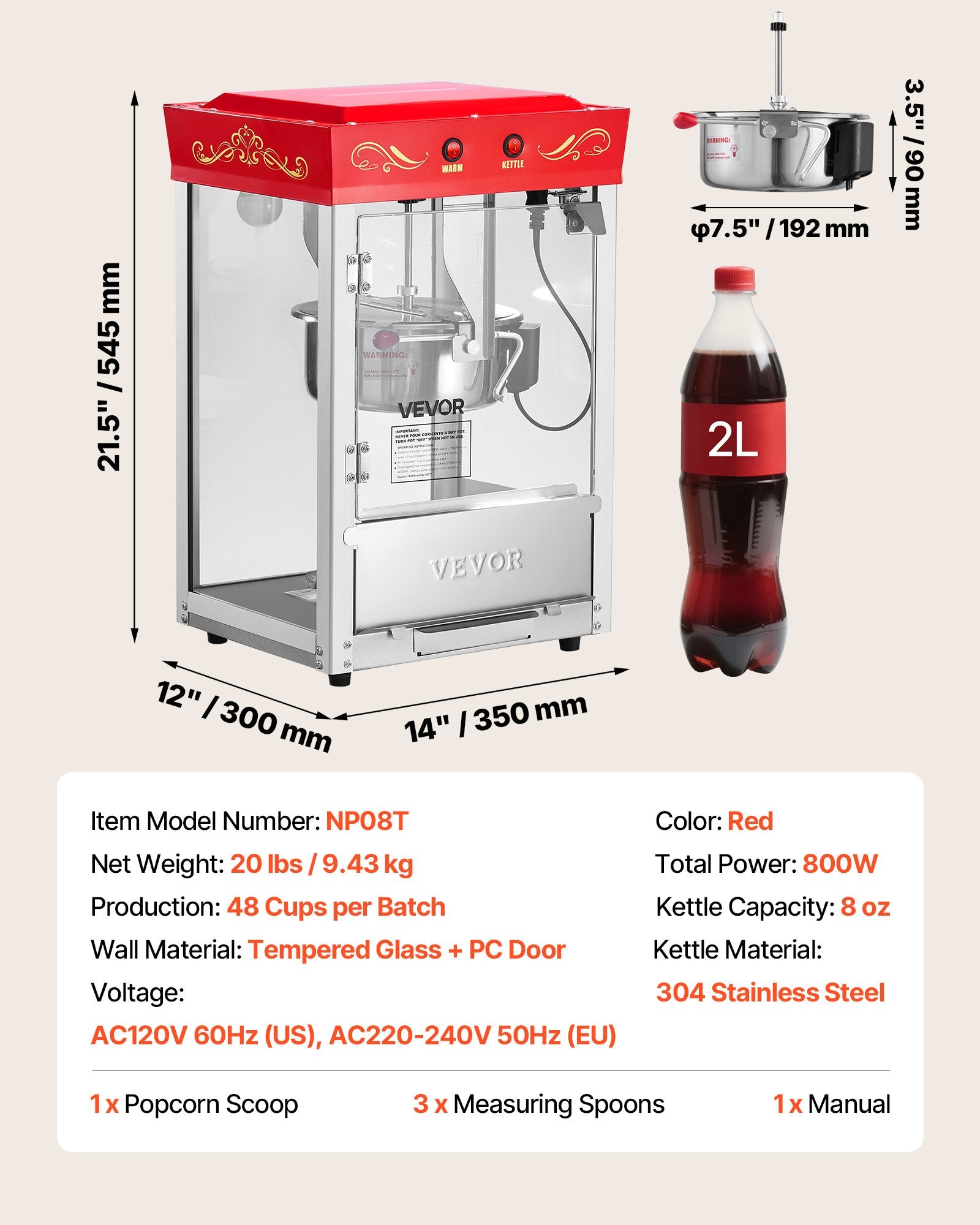 Popcorn Machine, 0.2kg Stainless Steel Kettle, 800W Commercial