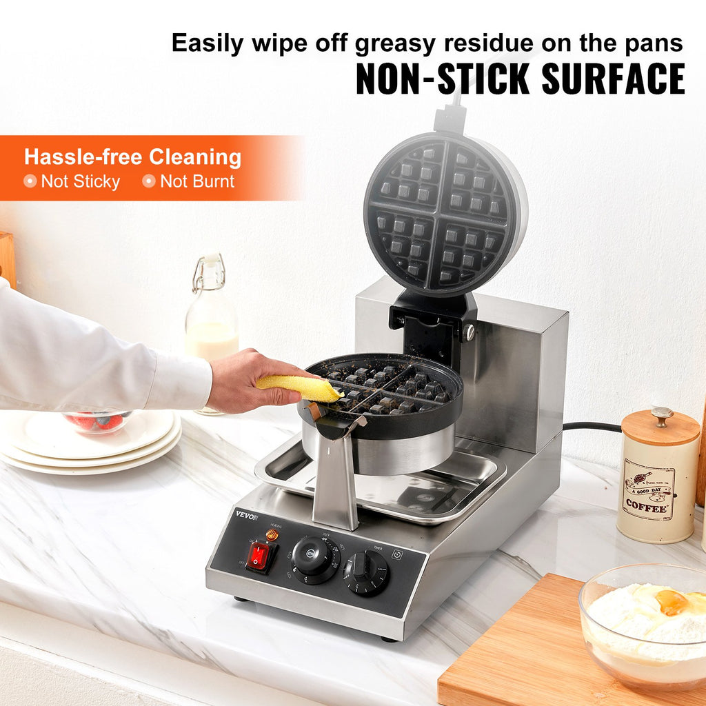 Commerical Round Waffle Maker 1300W Rotatable Non-Stick Waffle Iron