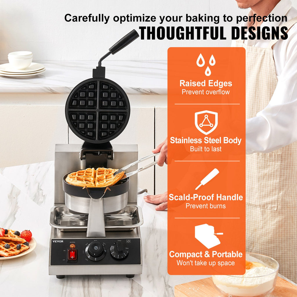 Commerical Round Waffle Maker 1300W Rotatable Non-Stick Waffle Iron
