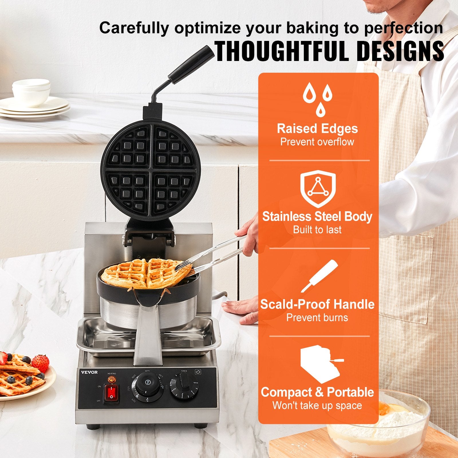 Commerical Round Waffle Maker 1300W Rotatable Non-Stick Waffle Iron