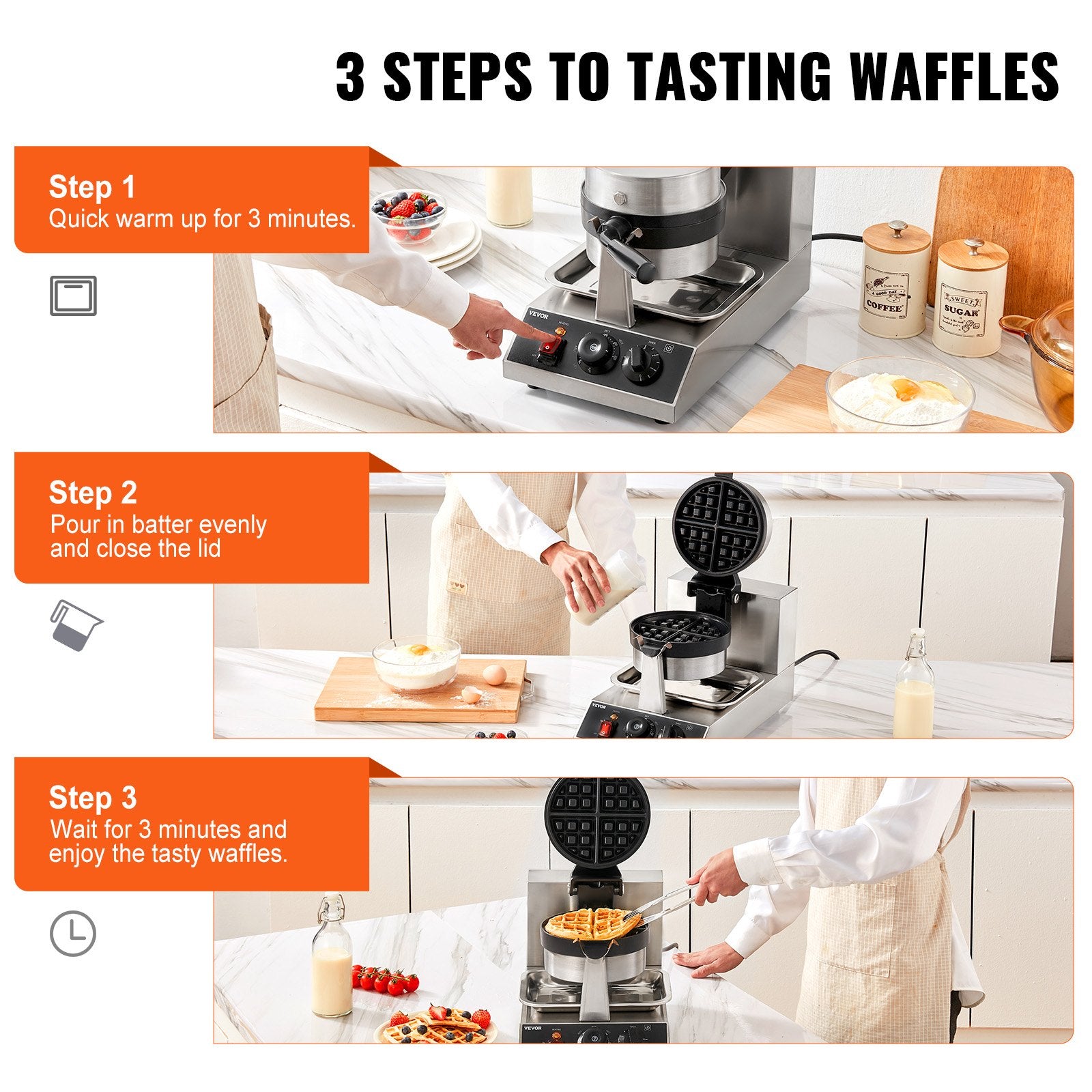 Commerical Round Waffle Maker 1300W Rotatable Non-Stick Waffle Iron