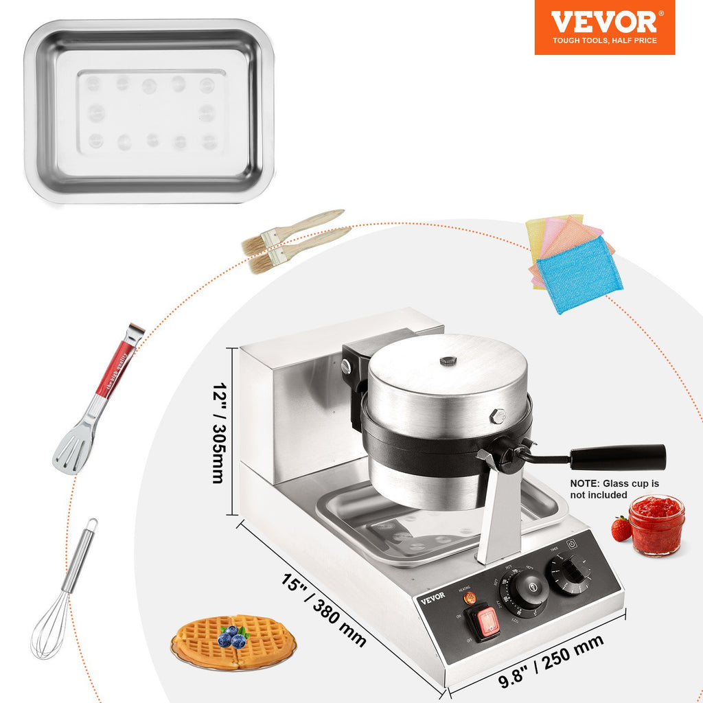 Commerical Round Waffle Maker 1300W Rotatable Non-Stick Waffle Iron